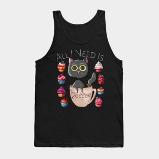 All I Need Is Coffee Funny Retro Black Cat & Cupcakes Lovers Tank Top